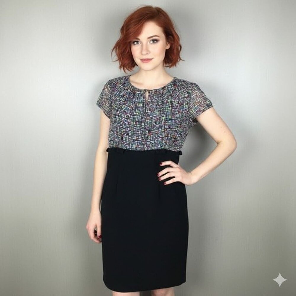 Tahari Arthur S. Levine Petite 8P Multicolor Pattern Top & Black Skirt Dress